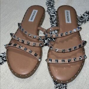 Steve Madden Slip-On 3-Band Sandals, Silver Pyramid Studded LODELL, Women's 7